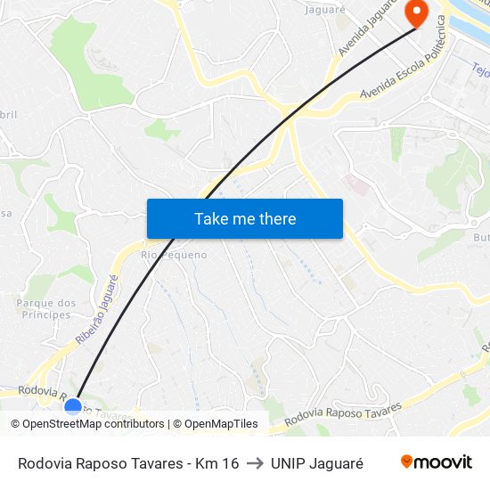 Rodovia Raposo Tavares - Km 16 to UNIP Jaguaré map