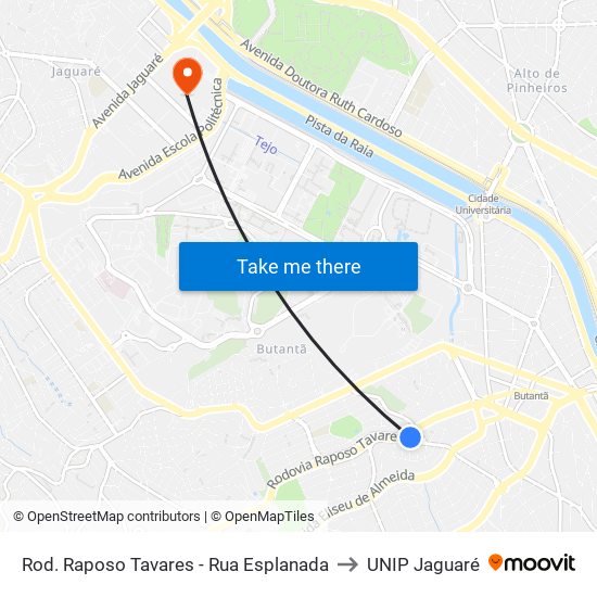 Rod. Raposo Tavares - Rua Esplanada to UNIP Jaguaré map