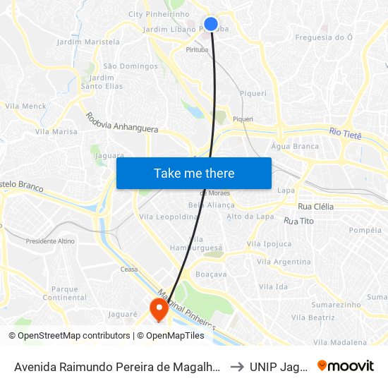 Avenida Raimundo Pereira de Magalhães 5440 to UNIP Jaguaré map