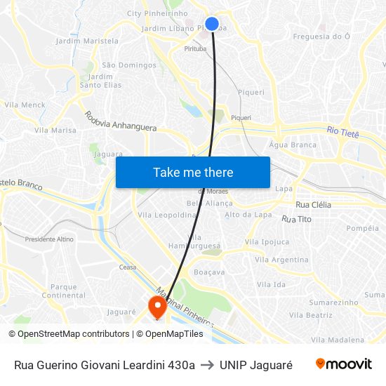 Rua Guerino Giovani Leardini 430a to UNIP Jaguaré map