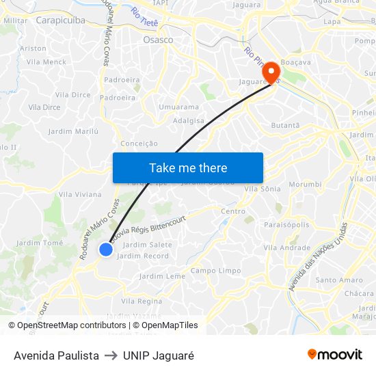 Avenida Paulista to UNIP Jaguaré map