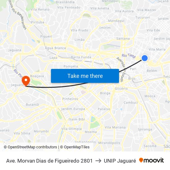 Ave. Morvan Dias de Figueiredo 2801 to UNIP Jaguaré map