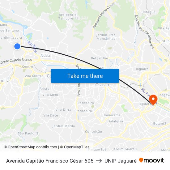 Avenida Capitão Francisco César 605 to UNIP Jaguaré map