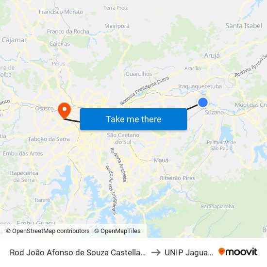 Rod João Afonso de Souza Castellano to UNIP Jaguaré map