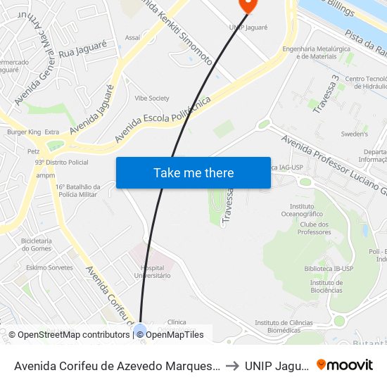 Avenida Corifeu de Azevedo Marques 3200 to UNIP Jaguaré map
