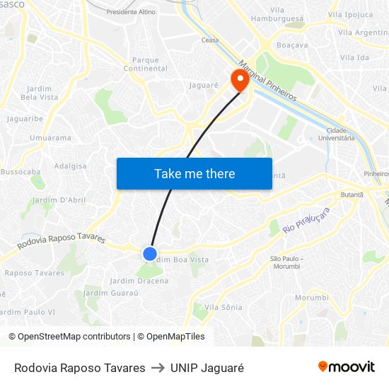 Rodovia Raposo Tavares to UNIP Jaguaré map
