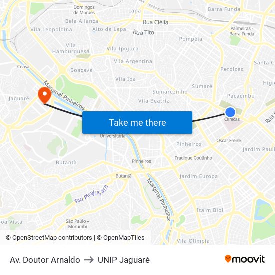 Av. Doutor Arnaldo to UNIP Jaguaré map