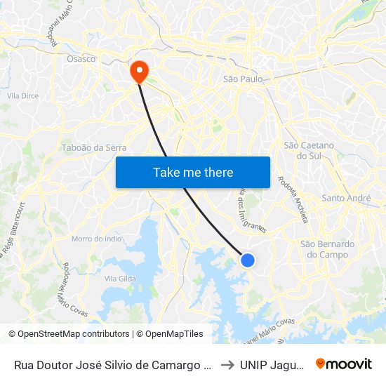 Rua Doutor José Silvio de Camargo 539 to UNIP Jaguaré map