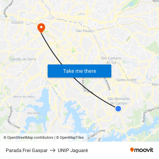 Parada Frei Gaspar to UNIP Jaguaré map
