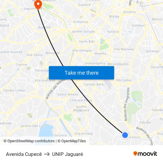 Avenida Cupecê to UNIP Jaguaré map