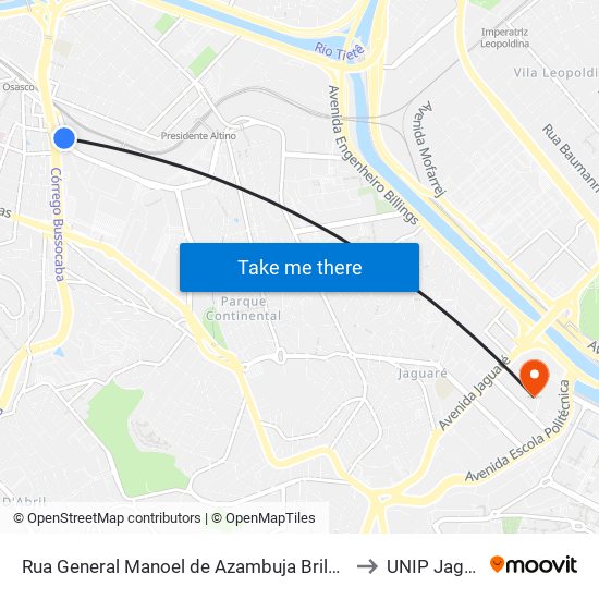Rua General Manoel de Azambuja Brilhante 456 to UNIP Jaguaré map