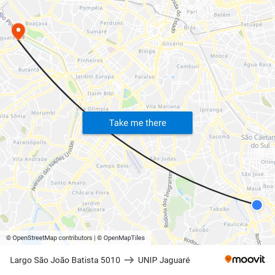 Largo São João Batista 5010 to UNIP Jaguaré map