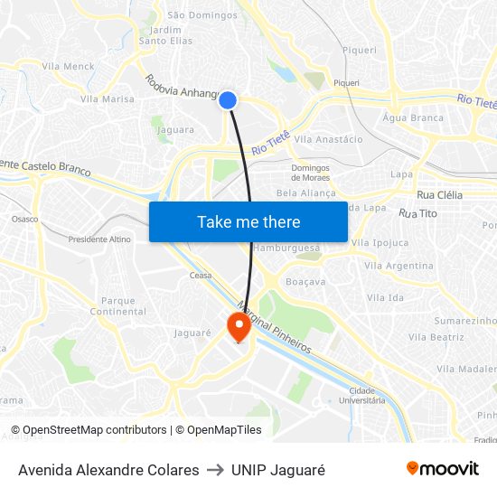 Avenida Alexandre Colares to UNIP Jaguaré map