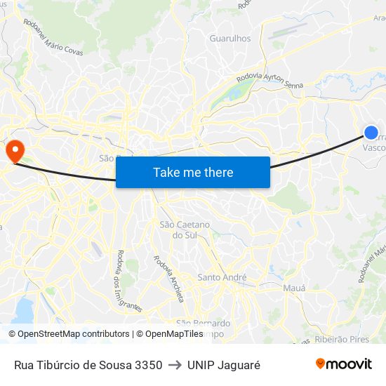 Rua Tibúrcio de Sousa 3350 to UNIP Jaguaré map