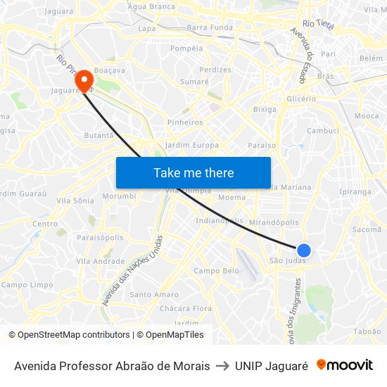 Avenida Professor Abraão de Morais to UNIP Jaguaré map