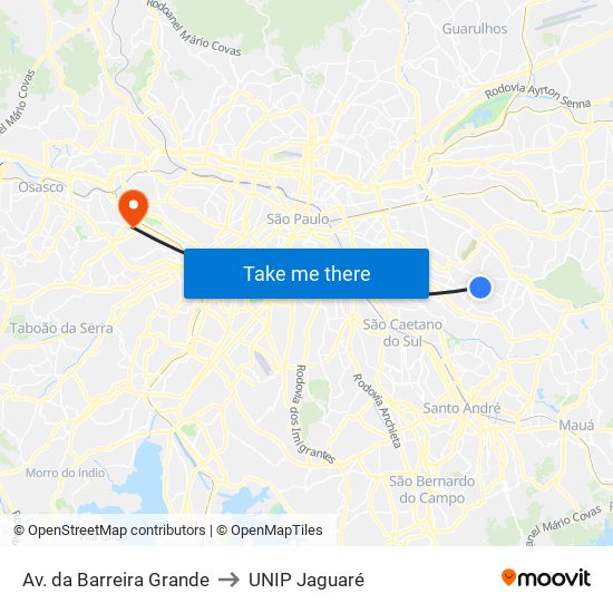 Av. da Barreira Grande to UNIP Jaguaré map