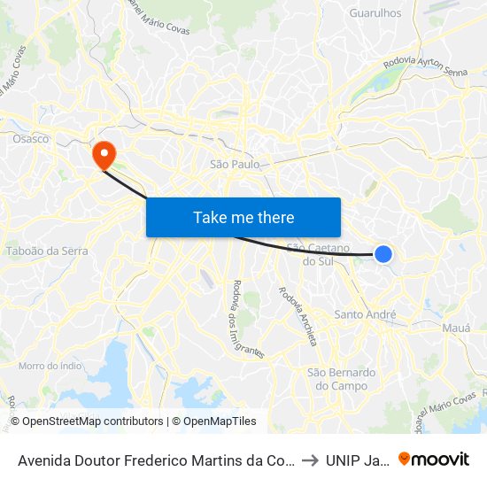 Avenida Doutor Frederico Martins da Costa Carvalho 1210 to UNIP Jaguaré map