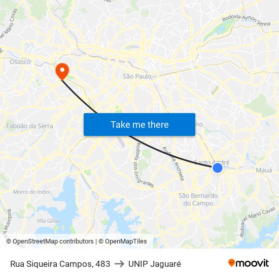 Rua Siqueira Campos, 483 to UNIP Jaguaré map