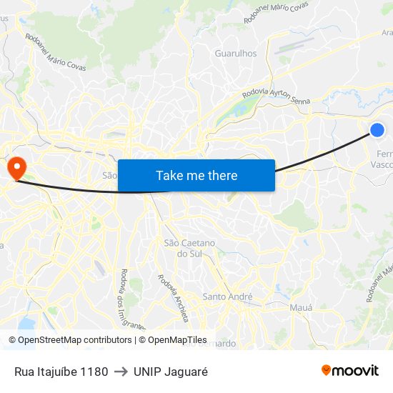 Rua Itajuíbe 1180 to UNIP Jaguaré map