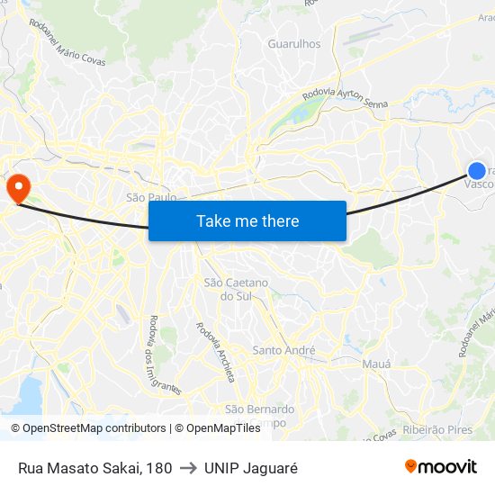 Rua Masato Sakai, 180 to UNIP Jaguaré map
