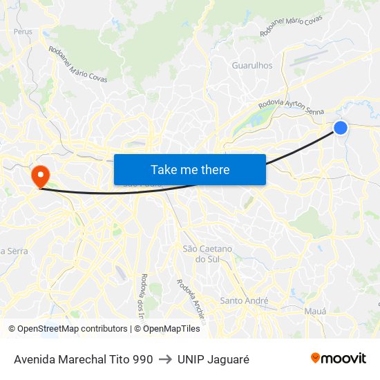 Avenida Marechal Tito 990 to UNIP Jaguaré map