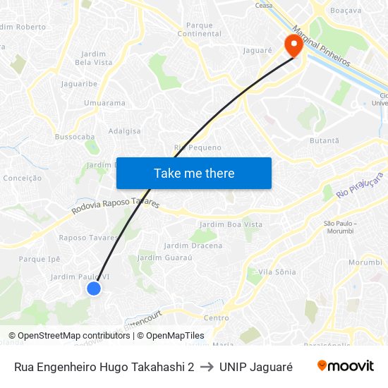 Rua Engenheiro Hugo Takahashi 2 to UNIP Jaguaré map