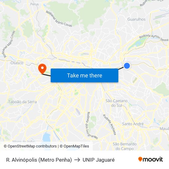 R. Alvinópolis (Metro Penha) to UNIP Jaguaré map