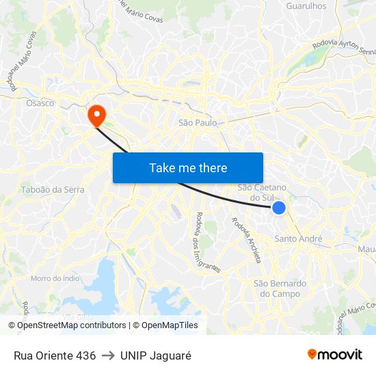 Rua Oriente 436 to UNIP Jaguaré map