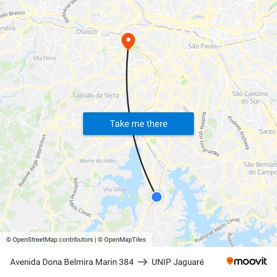 Avenida Dona Belmira Marin 384 to UNIP Jaguaré map