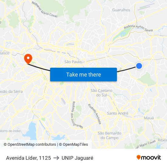Av. Líder, 2432 - Artur Alvim, São Paulo to UNIP Jaguaré map