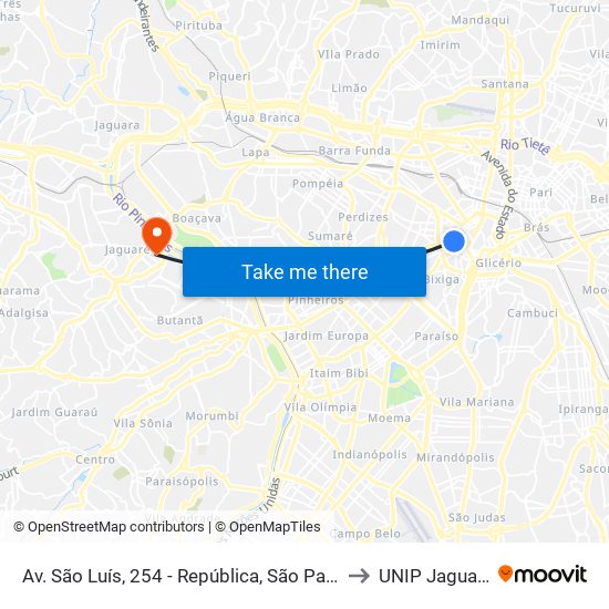 Av. São Luís, 254 - República, São Paulo to UNIP Jaguaré map