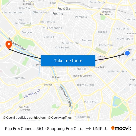 Rua Frei Caneca, 561 - Shopping Frei Caneca - Bela Vista, São Paulo to UNIP Jaguaré map