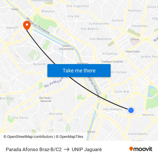 Parada Afonso Braz-B/C2 to UNIP Jaguaré map