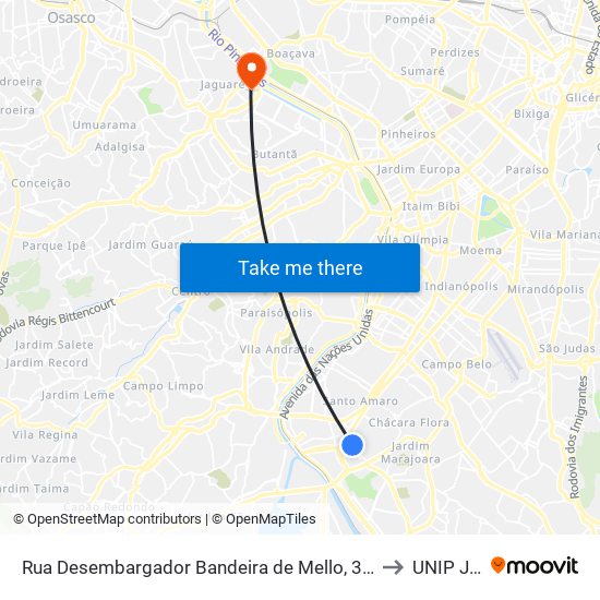 Rua Desembargador Bandeira de Mello, 392 - Santo Amaro, São Paulo to UNIP Jaguaré map