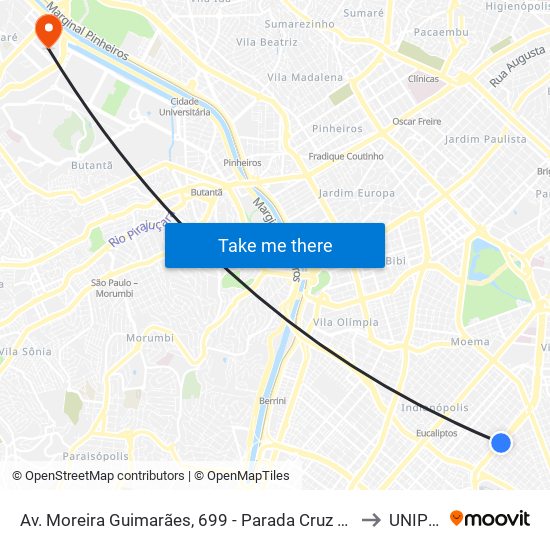 Cruz Vermelha Brasileira - Indianópolis, São Paulo to UNIP Jaguaré map