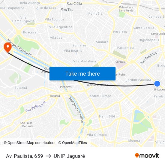 Av. Paulista, 659 to UNIP Jaguaré map