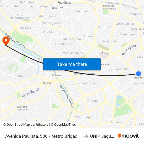 Avenida Paulista, 500 • Metrô Brigadeiro to UNIP Jaguaré map