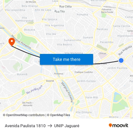 Avenida Paulista 1810 to UNIP Jaguaré map