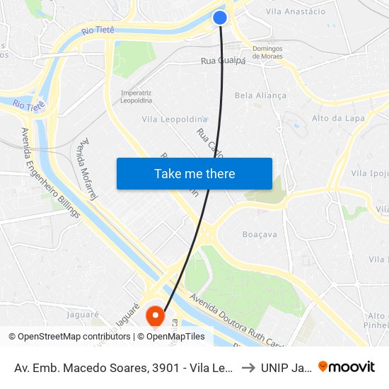 Av. Emb. Macedo Soares, 3901 - Vila Leopoldina, São Paulo to UNIP Jaguaré map