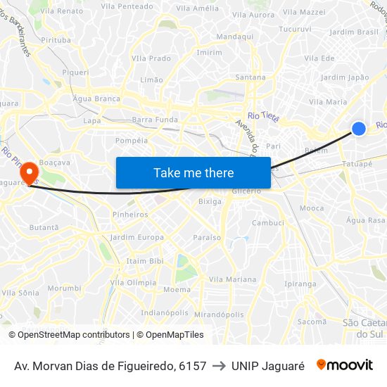 Av. Morvan Dias de Figueiredo, 6157 to UNIP Jaguaré map