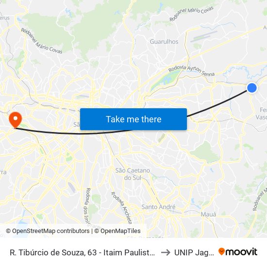R. Tibúrcio de Souza, 63 - Itaim Paulista, São Paulo to UNIP Jaguaré map