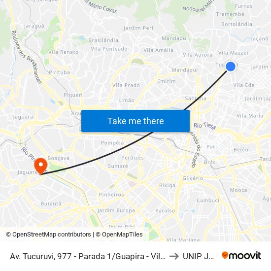 Av. Tucuruvi, 977 - Parada 1/Guapira - Vila Gustavo, São Paulo to UNIP Jaguaré map