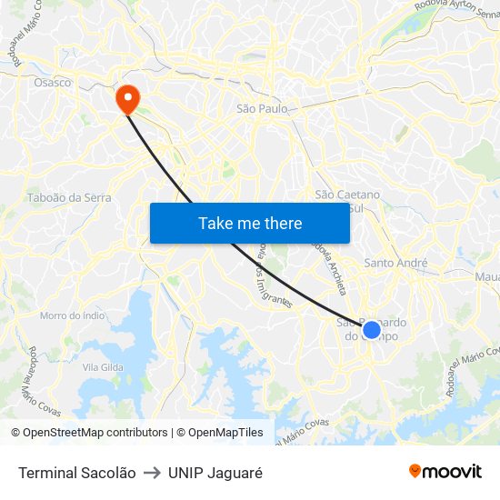 Terminal Sacolão to UNIP Jaguaré map