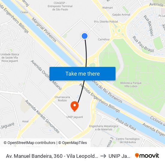 Av. Manuel Bandeira, 360 - Vila Leopoldina, São Paulo to UNIP Jaguaré map