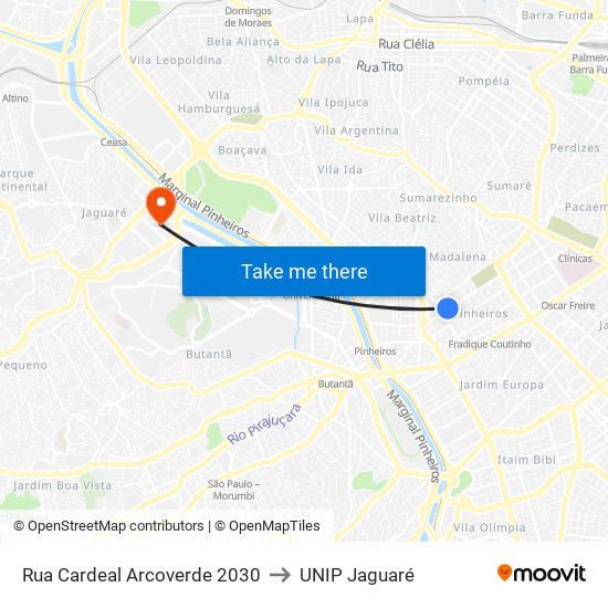 Rua Cardeal Arcoverde 2030 to UNIP Jaguaré map