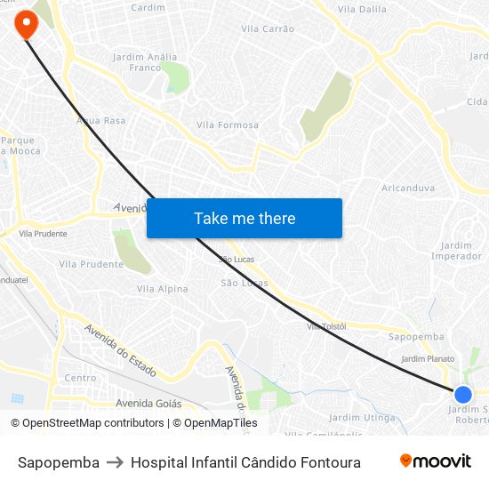 Sapopemba to Hospital Infantil Cândido Fontoura map