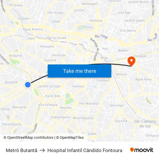 Metrô Butantã to Hospital Infantil Cândido Fontoura map