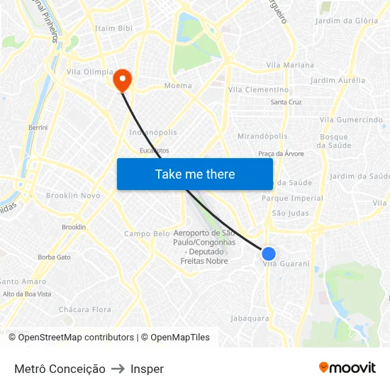 Metrô Conceição to Insper map