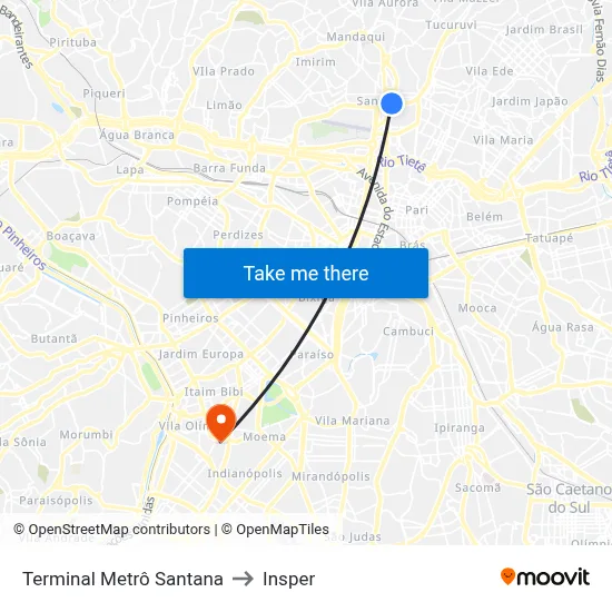 Terminal Metrô Santana to Insper map