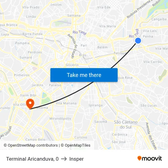 Terminal Aricanduva, 0 to Insper map
